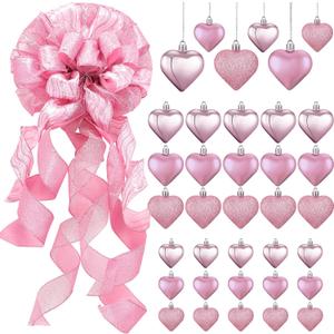 37 Pcs Pink Valentines Day Ornaments Set with Tree Topper 12 x 34 Inches Large Bow and 36 Pcs Flash Heart Ornaments with Wired Edge for Valentine Christmas Tree Decorations Hanging Wreath