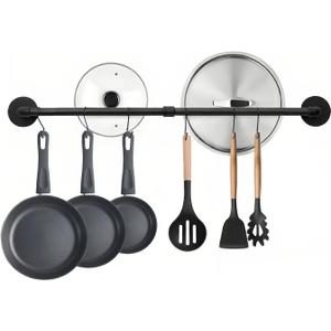 24 inch Pot Rack Wall Mounted Pot Hangers for Kitchen, Detachable Storage Organizer, Industrial Pipe Lids Utensils Hanging Rail Iron Holder with 6 S Hooks, Black