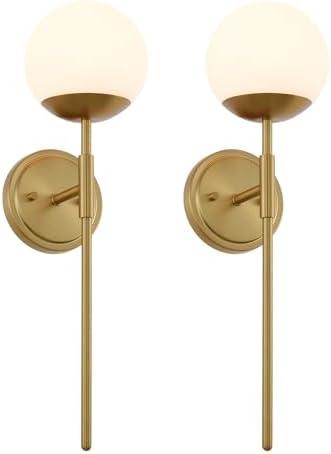 Aged Brass Wall Sconces Set of 2, Modern Bathroom Vanity Sconces Wall Lighting, Vanity Light Fixtures with Globe Opal Glass, Wall lamp for Bathroom Bedroom Living Room Corridor Mirror Stairs Entryway