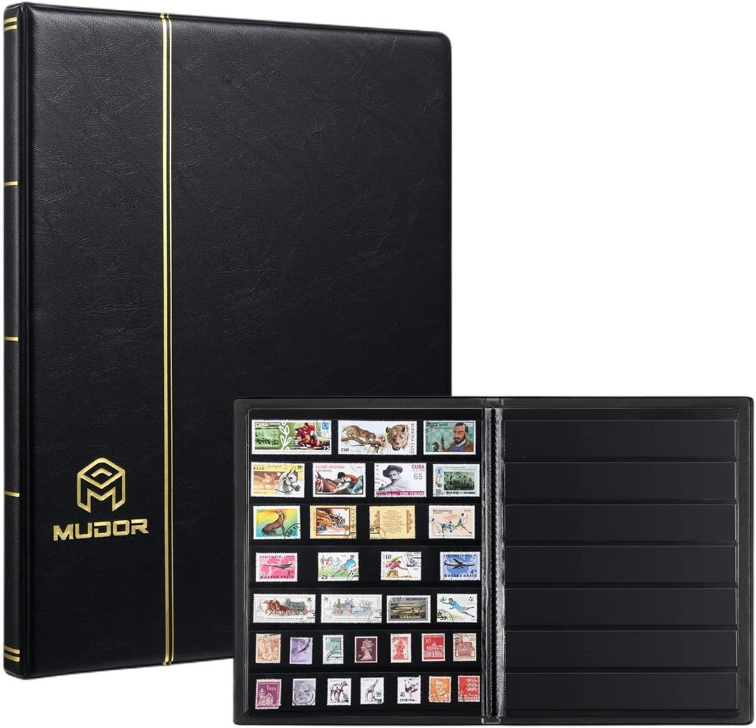 MUDOR Stamp Collecting Album, 7 Rows Pockets Stamp Book for Collectors, 10 Sheets Stamp Stockbook Black