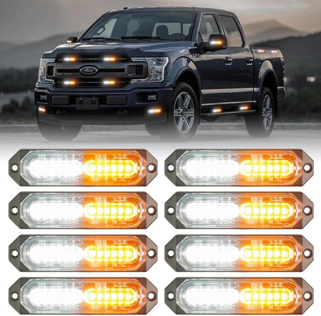 8-Pcs 12 LED Sync Feature Emergency Strobe Grille Lights Ultra Slim Surface Mount Hazard Warning Flashing Light Bar for Firefighter/Construction/Police/Trucks/Vehicles/Car/SUV (Amber/White)
