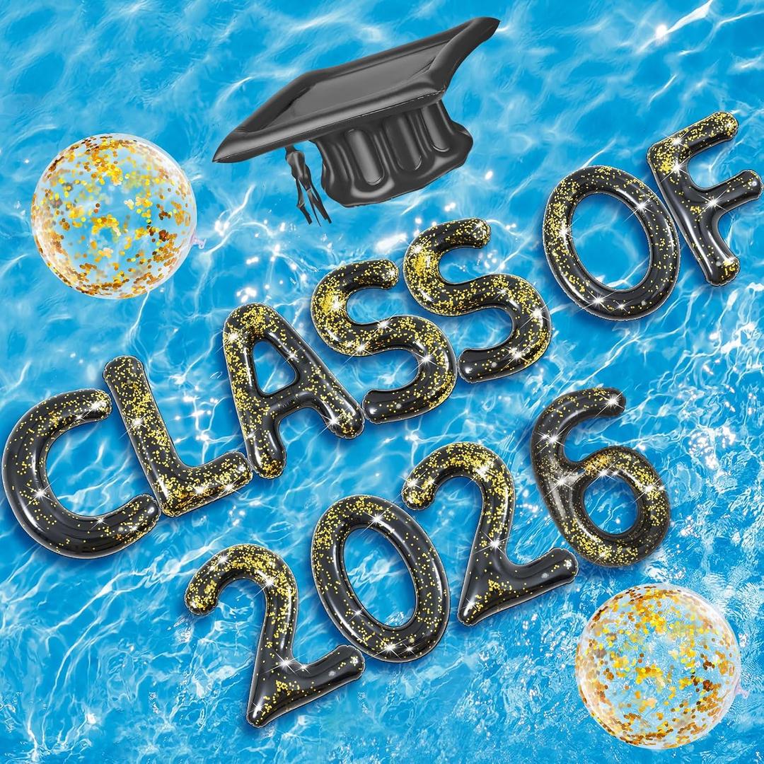 Sumind 14 Pcs Class of 2026 Pool Float Decorations, 15 x 20 Inch Inflatable Letters Set, Glitter Prom Party Decor with Grad Cap & Ball for Grad Pool Party, Photo Props, Graduation Games (Black Gold)