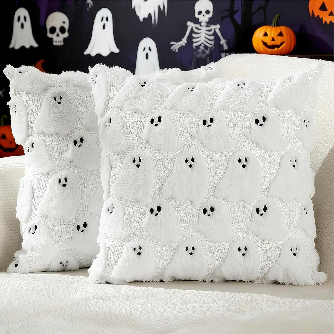Tegeme Set of 2 Halloween Pillow Covers 18x18 Inch Ghost Throw Pillow Cases Soft Plush Couch Cushion Case for Chair Sofa Bedroom Living Room Home Decor(White)