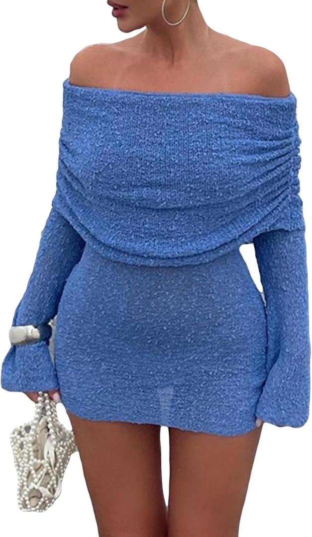 Unybwonn Women's Off Shoulder Mini Short Dress Bodycon Long Sleeve Crochet Sexy Going Out Mesh Elegant Sweater Dresses (Blue, S)