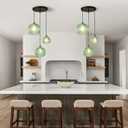 3-Light Glass Globe Light for Kitchen Island, Mid-Century Modern Pendant Ball Chandelier with Green Ribbed Lampshade, Vintage Hanging Ceiling Light Fixture for Dining Room, Over Sink, Table