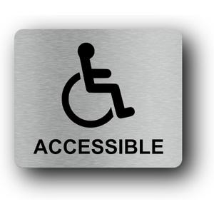 Wheelchair Accessible, Disability, Handicap, Disabled Sign. Silver Adhesive Sticker Notice. Metallic Silver Engraved Black with Universal Icon Symbol and Text (Small Size: 5 inches x 4 inches)