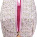 Cube Cosmetic Makeup Bag Small Cotton Quilted Makeup Pouch for Purse Cute Floral Travel Toiletry Zipper Pouch (Pink Floral)