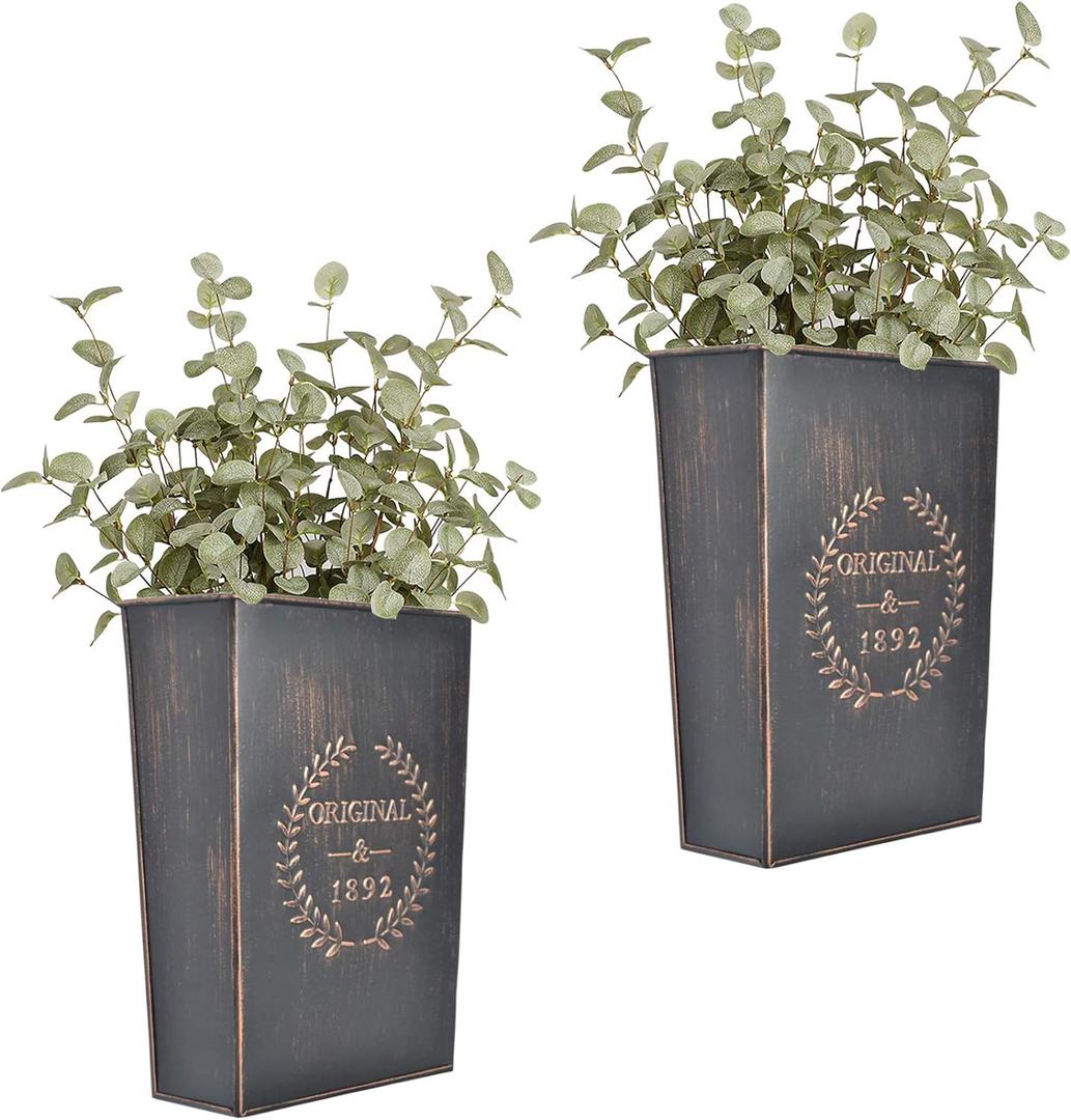 LESEN Rustic Metal Wall Planter Country Home Hanging Wall Vase Pocket for Plants or Flower Indoor or Outdoor Farmhouse Wall Decor,Set of 2 (Vintage Black)
