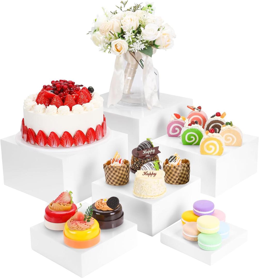 Acrylic Buffet Risers and Stands, Food Risers for Buffet Table, Food Display Stands for Party Catering Dessert Collectibles, White Acrylic Cube Nesting Boxes with Hollow Bottoms (White, 5IN-10IN)
