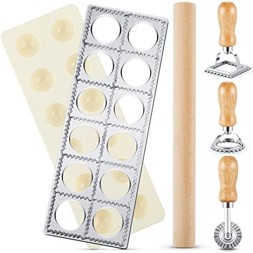 Geetery 5 Pcs Ravioli Mold Set 2 Inch Squares Ravioli Maker Cutter Include 1 Raviolis Maker Press 3 Pasta Cutter Stamp Makers 1 Wood Rolling Pin Pasta Making Tool for Home Kitchen Supplies (12 Holes)