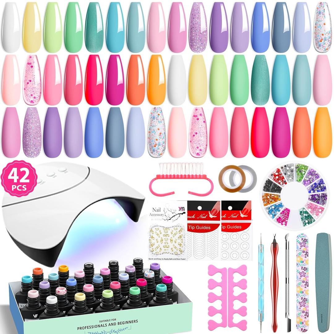 VANREESA 42 Pcs Gel Nail Polish Kit with U V Light 24 Popular Colors Gel Polish Nail Kit Green Blue Purple Pink Orange Complete Nail Kit with Manicure Tools Gifts for Women Girls (Sweet & Popular Collection)