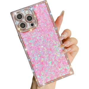 Trendy Girly Glitter Powder Compatible with iPhone 16 Pro Rectangle Case, Elegent Cute Slim Women Bling Diamond Rhinestones Plating Phone Cases(Pink,16 Pro)