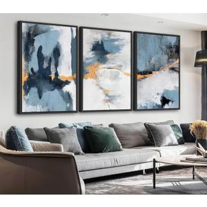 Large Framed Canvas Wall Art, Coastal Blue White Abstract Prints, 16"x24"x3, 16" X 24" X 3pcs Framed