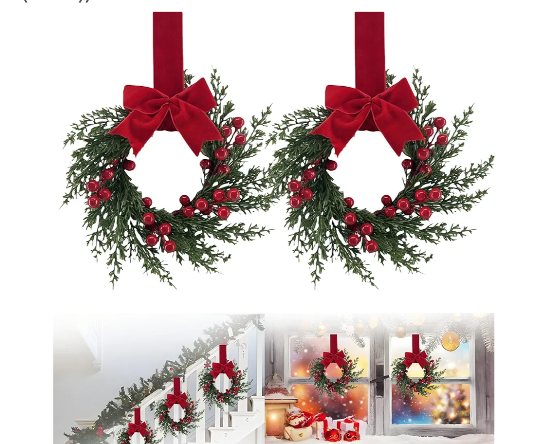 Mini Christmas Wreaths for Cabinets, 2/4/6 Pcs, with Berries, Cedar, and a Bow, Durable & Safe, Durable & Safe, Versatile Mini Christmas Wreaths, for Cabinets Window Door Porch Decor (Stay-A (2PCS))