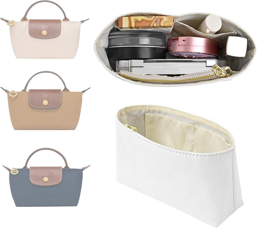 LOUKAYCCI Upgraded Dupont Paper Mini Organizer Insert for Longchamp XS Bag wihte Zipper Purse InsertDupont Paper (White)