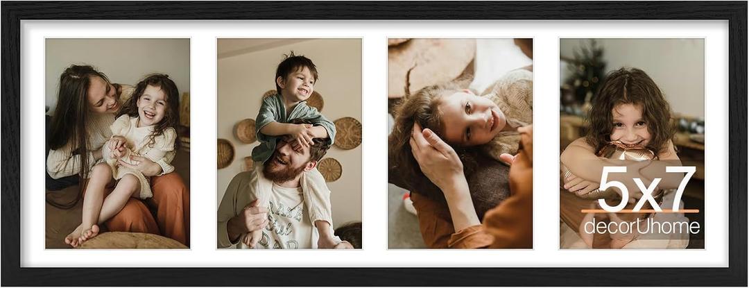 decorUhome 8x22 Picture Frames Collage Wall Decor, Display 4Pcs 5x7 Photos with Mat or 1Pcs 8x22 Unmatted, 4 5x7 Collage Picture Frames for Wall Mounting, Black