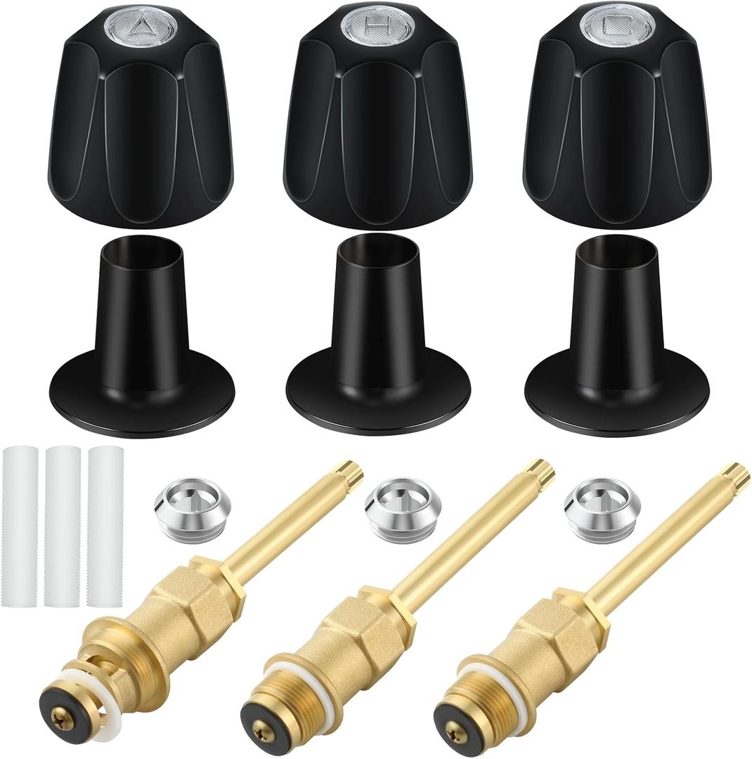 39619 Bathtub Matte Black Shower Knob 3 Piece Replacement Kit and Shower Stem for Price Pfister Verve, Shower Faucet Handle Rebuild Trim Kit, Includes 12H-2H, 12H-2C, 12H-18D Stems, and Flange Base