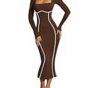 Lrady Women's Square Neck Dresses Long Sleeve Contrast Binding Split Bodycon Mermaid Evening Cocktail Party Dress, Xl