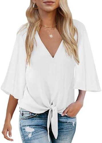 Bluetime Women's Tie Front Tops 3/4 Bell Sleeve V Neck Cute Summer Tops Shirts Casual Chiffon Blouses L