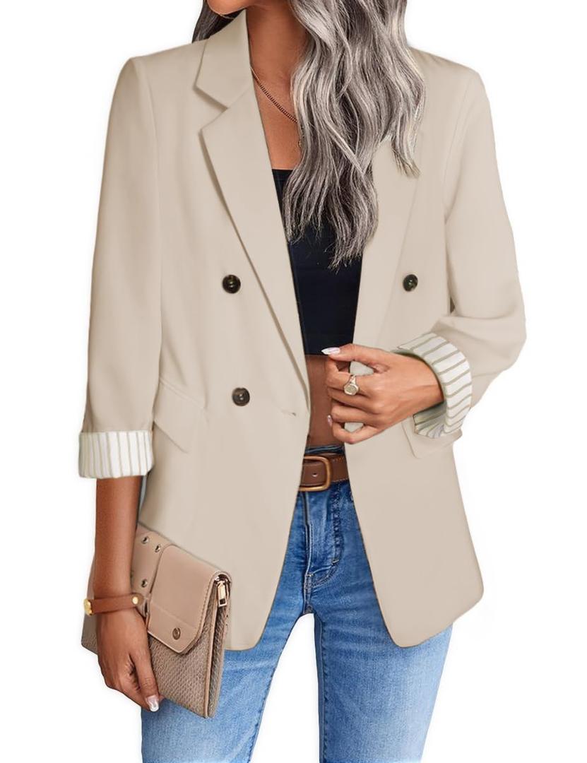 3/4 Sleeve Blazer Jacket for Women 2026 Spring Summer Beige Lightweight Light Business Casual Work Office Professional Short Sleeve Fashion Dressy Womens Ladies Tops Women's Blazers & Suit Jackets, Size XXL