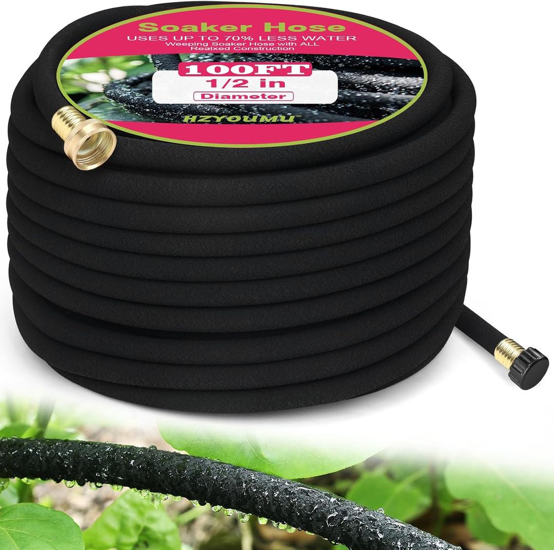 Round Soaker Hose, 1/2 Inch x 100 FT, Heavy Duty Leak-Proof Brass Connectors, Premium Upgraded Material, Efficient Root Watering & Water Saving, Easy Installation for Garden, Lawn & Plants