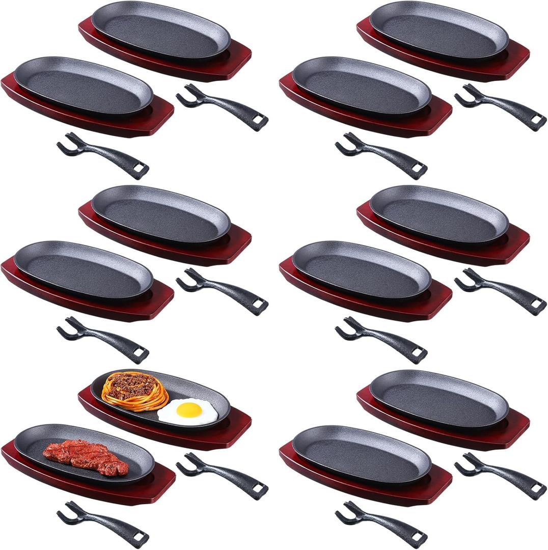 Mifoci 12 Pcs Oval Cast Iron Fajita Skillet Pan Set Small Sizzling Steak Plate with Wooden Base and Handle Cast Iron Fajita Skillet Sizzling Plate for Restaurant, BBQ, Wedding (9.5 in x 5.5 In)