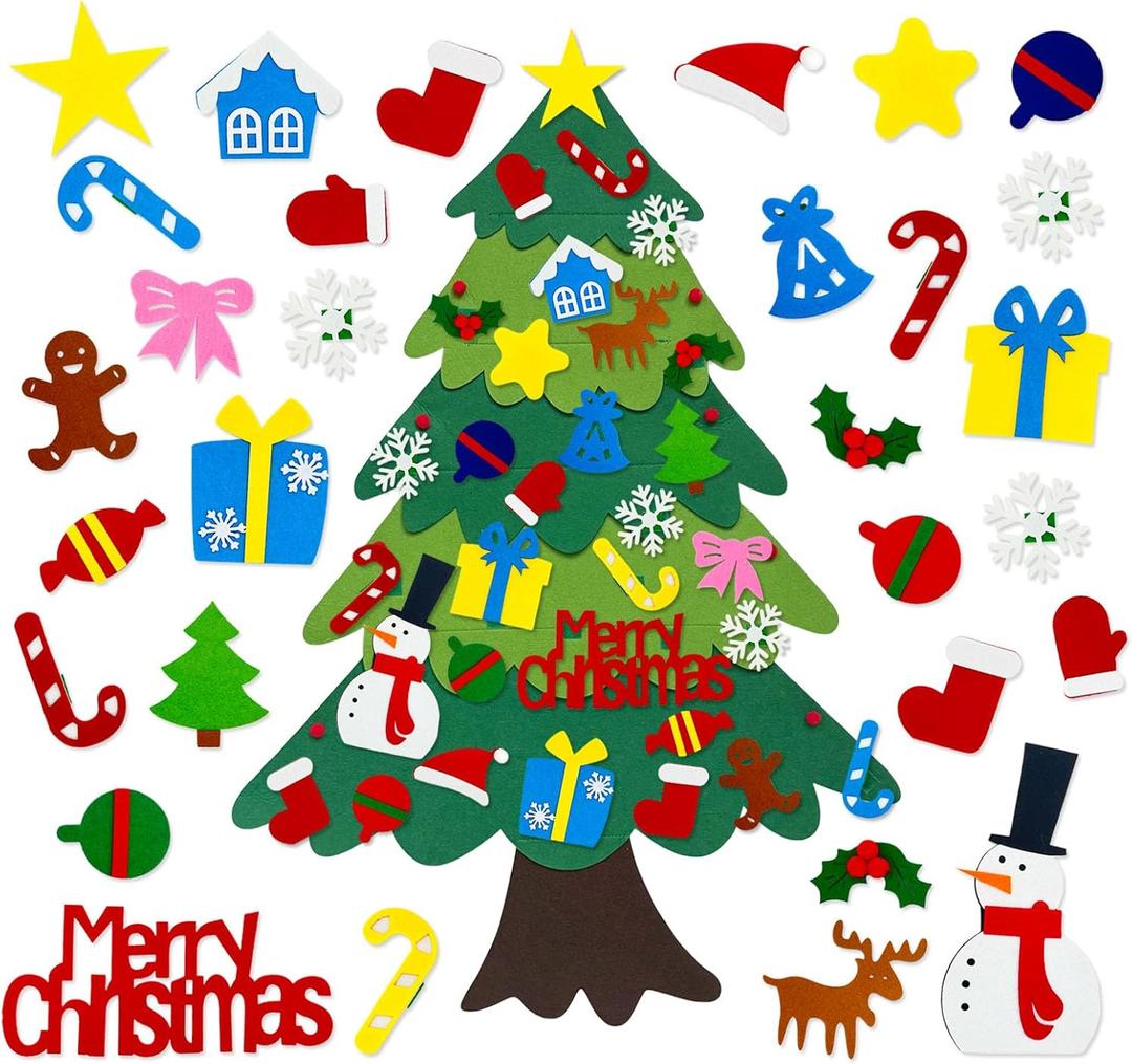 3.2 Ft Felt Christmas Tree with 32 Ornaments, DIY Felt Christmas Tree Set for Montessori, Hanging Ornaments DIY Tree Set Xmas New Year Wall Decorations