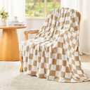EMME Checkered Blanket Twin Size - 60"x80" Beige Knit Blanket Soft Fluffy Patterned Throw Blankets for Couch, Sofa, Chair, Bed, Camping, Picnic, Travel