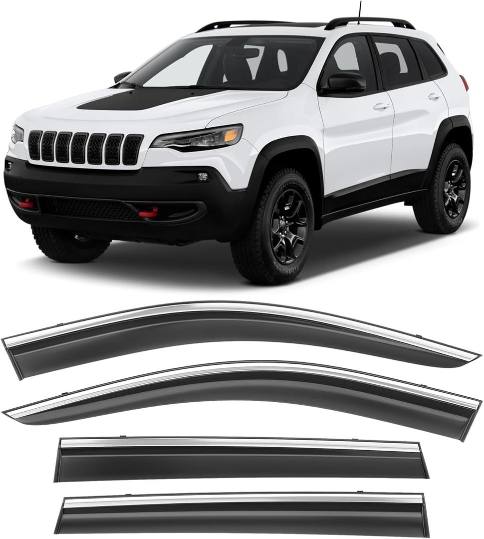 Shatterproof Taped-On Window Deflectors for Jeep Cherokee 2014-2023 with Chrome Trim, Rain Guards, Window Visors for Car, Vent Deflector, 4pcs