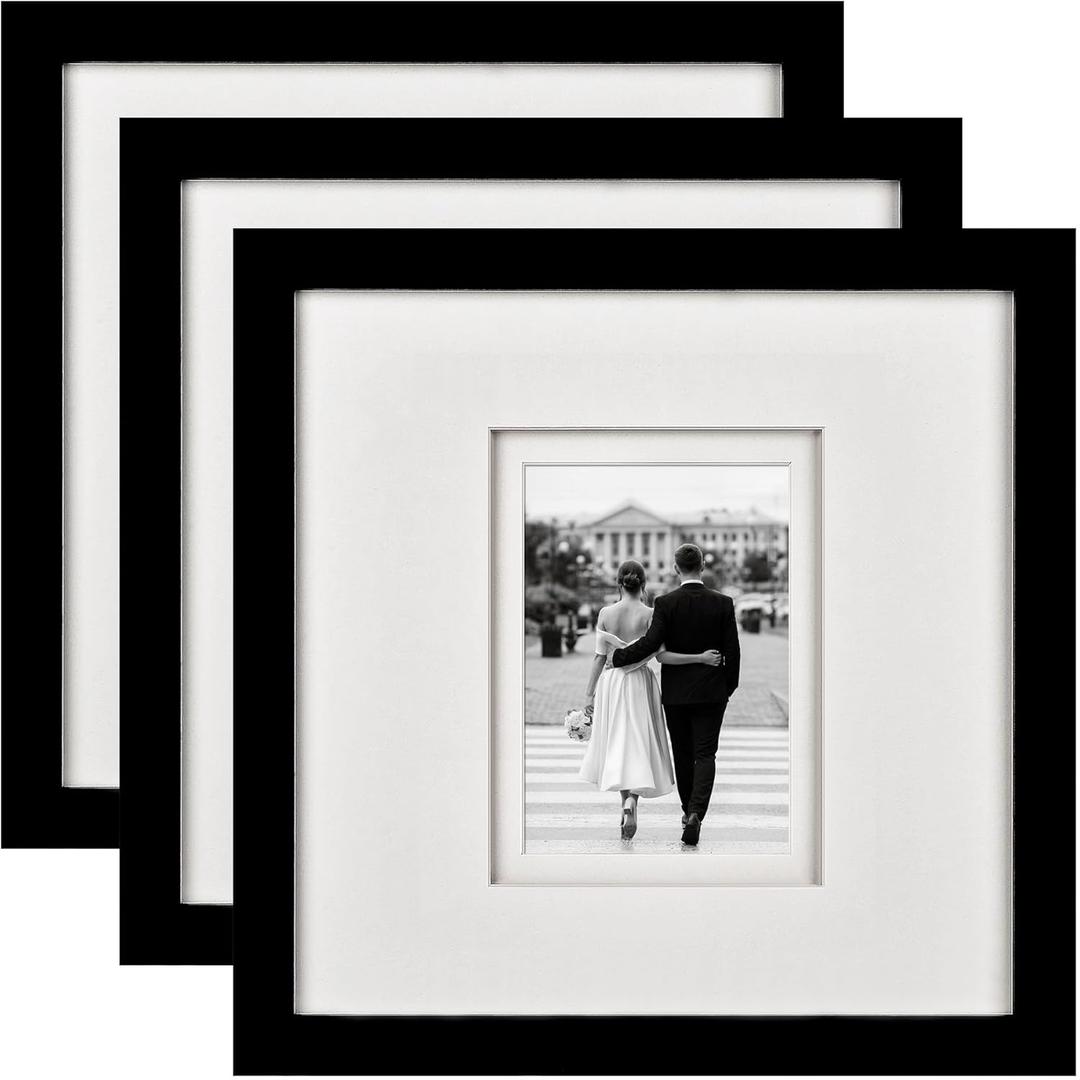 Yaetm 12x12 Square Picture Frame Matted to 5x7, Double Floating Ivory Mat, Black Photo Frame with Polished HD Tempered Glass for Wall Gallery, Home and Office, Wall Mounting, 3 Pack, Black