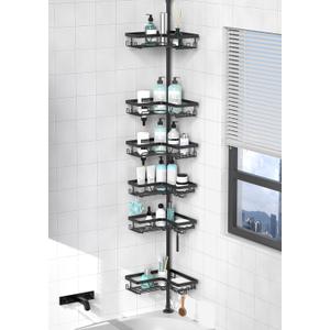 KEGII Corner Shower Organizer, 6-Tier Tension Pole Shower Caddy, Black Floor Standing Corner Shelf for Shower 25-114.2 inch, Waterproof and Rustproof