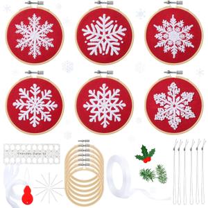 Roowest 6 Sets Winter Embroidery Kits for Beginners Adults Winter Snowflakes Cross Stitch Embroidery Ornament Kit DIY Craft Needlepoint Sets with Pattern Instructions Thread Needle Ribbon(Red)