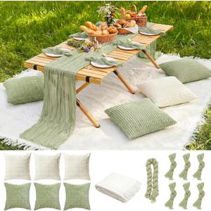 91 x 71 Extra Large Outdoor Boho White Picnic Blanket with Green Table Runner, 6 Napkins and 6 Throw Pillow Covers Table Decor for Beach Picnic Camp Wedding Party Birthday Baby Shower