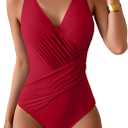 Eomenie One Piece Swimsuit for Women Tummy Control Bathing Suit V Neck Swim Suit Ruched Criss Cross Swimwear (X-Large, Red)