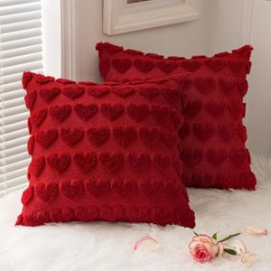 MIULEE Valentines Pillow Covers 18x18 Inch Set of 2 Valentines Day Red Heart Love Decorative Cute Soft Plush Faux Fur Throw Pillows for Girl Bedroom Couch Sofa Holiday Home Decor
