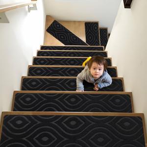 Non-Slip Carpet Stair Treads,15pcs 8" X 30" Black Stair Treads for Wooden Steps Indoor, Reusable Indoor Stair Runners for Elders, Kids, Pets