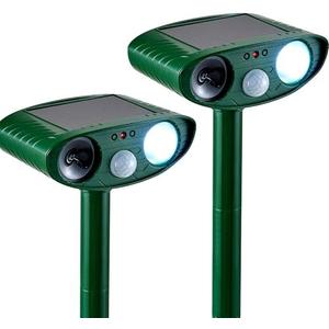 2 Pack Solar Animal Repeller for Raccoons, Deer & Squirrels - Ultrasonic & Strobe Light, Outdoor Deterrent for Cats, Dogs, Raccoons, Rabbits, Skunks, Foxes & More