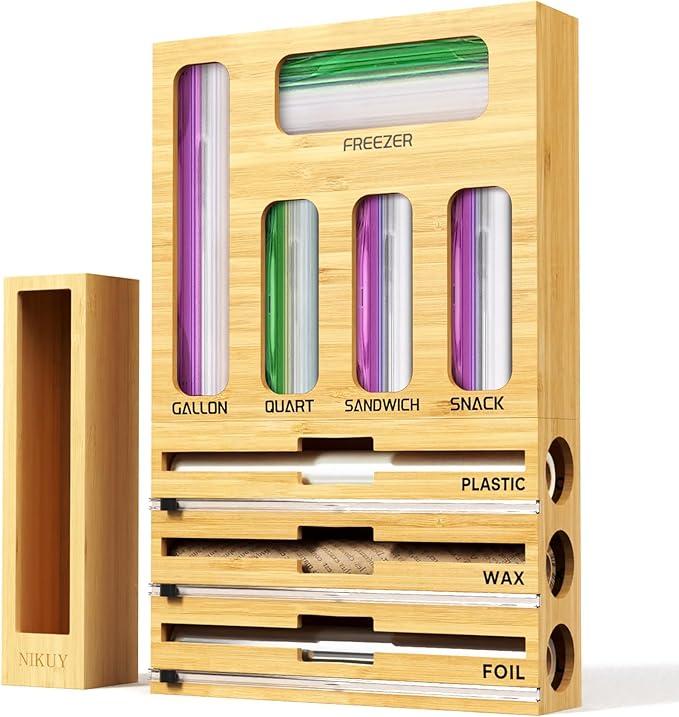NIKUY 9 IN 1 Bamboo Foil and Plastic Wrap Organizer for Kitchen Drawer, Plastic Bag Organizer Organization and Storage, Food Storage Bag Organizer with Labels for Quart Gallon Snack Sandwich Bag