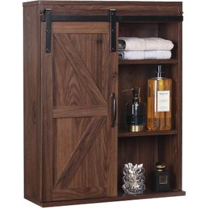 RUSTOWN Farmhouse Wood Wall Storage Bathroom Cabinet with Sliding Barn Door, Rustic Medicine Cabinet with Adjustable Shelf, 3-Tier Vintage Cabinet for Kitchen Dining, Bathroom, Living Room (Walnut)