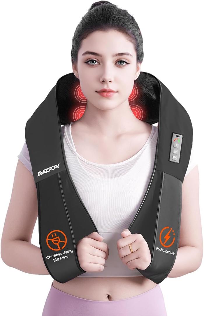 AMZPONY Cordless Neck Massager for Pain Relief Deep Tissue, Rechargeable Shiatsu Neck and Back Massager with Heat Kneading Shoulder Massage for Body Muscle Pain Relief,Gifts for Dad Mom Friends (Black)