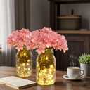 4 Sets Mason Jar with Lights Pink Hydrangea Decorative Pink Centerpieces for Tables Mason Jars Flowers Decorations LED Farmhouse Vase for Home Wedding Event Party Decor