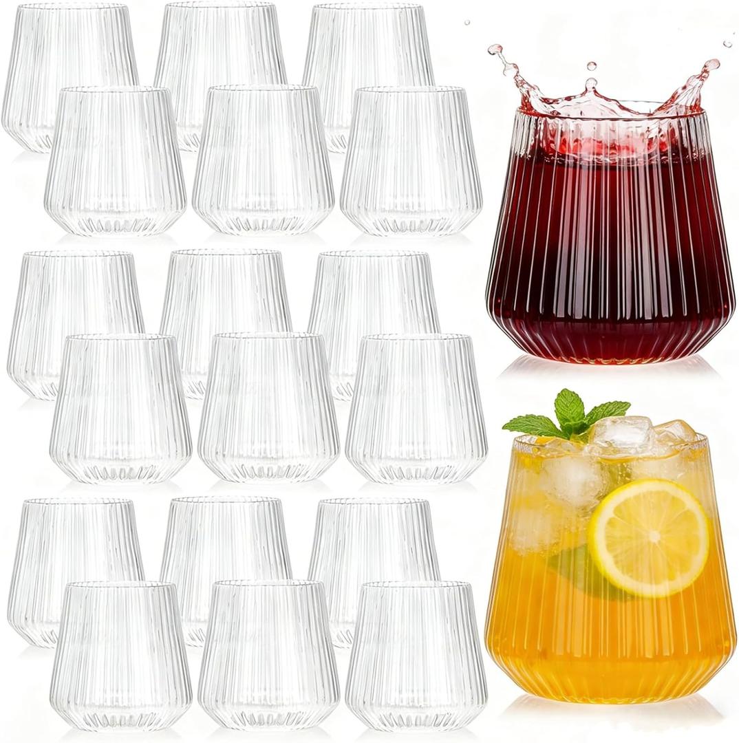 Tebery 20 Pack Plastic Ribbed Wine Glasses, 12 Oz Unbreakable Stemless Cocktail Cups for Party, Disposable Reusable Origami Style Ridged Drinking Tumbler for Champagne Catering Wedding Picnic Bar