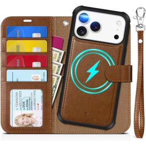TUCCH Detachable Case Wallet for iPhone 17 Pro Max (6.9") 2025, Wrist Strap, 4 Card Holders RFID Blocking, Wireless Charging, Stand, 2-in-1 Magnetic, PU Leather, Shockproof Folio Cover, Brown