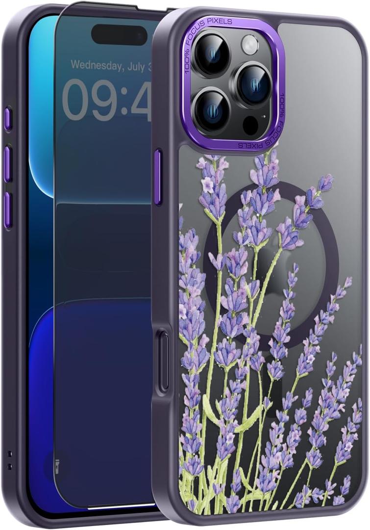 FUNMIKO for iPhone 16 Pro Case with Privacy Screen Protector, Wireless Charging Compatible, Shockproof Translucent Matte Cover - Cute Floral Design Phone Case for Women Girls - Elegant Lavender