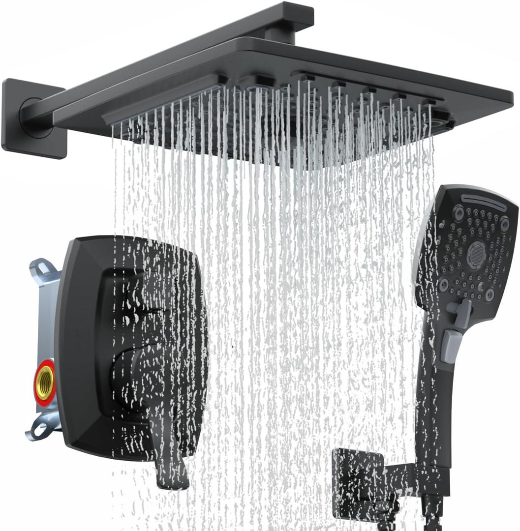 ELLO&ALLO Shower System with Tub Spout, Bathroom Rain Mixer Shower Combo Set, Single Handle Shower Faucet with Valve Matte Black