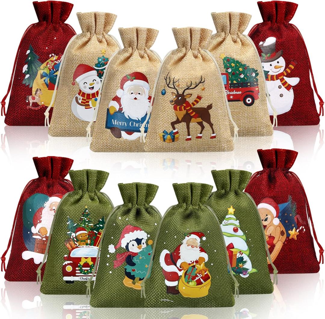 Nuogo 48 Pcs Christmas Burlap Gift Bags with Drawstrings, Linen Christmas Sack Small Goodie Bags Xmas Gift Wrap Sack for Xmas Party Favors Supplies, 12 Designs (Classic Style)