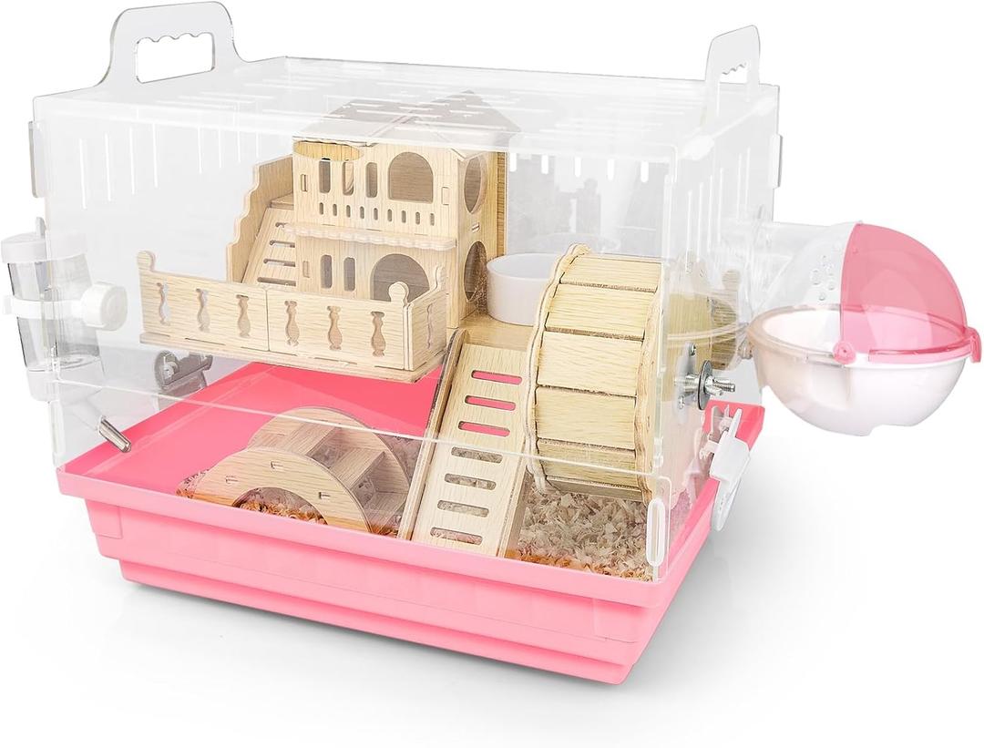 Cycodo 8 in 1 Acrylic Hamster Cage,2-Tier Dwarf Hamster Cage with Wooden Wheel & Hideout, Small Hamster Habitat with Accessories, Clear Pet Mice House (Pink,14" L*10" W*11" H)
