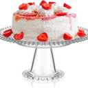 Wenqik 8 Inch Beaded Glass Cake Stand Vintage Clear Cake Stand Cakes Serving Platters Footed Dessert Plate Display Desserts Holder Fruit Serving Tray Display Accessories for Wedding Party Supplies