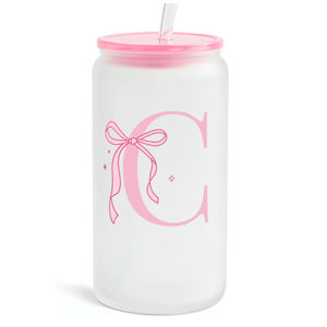 SANDJEST Monogrammed Glass Drinking Can Cup with Acrylic Lid and Straw, Personalized Frosted Iced Coffee Tumbler 16oz, Monogram Initial Gifts for Women Girls on Birthday (C)