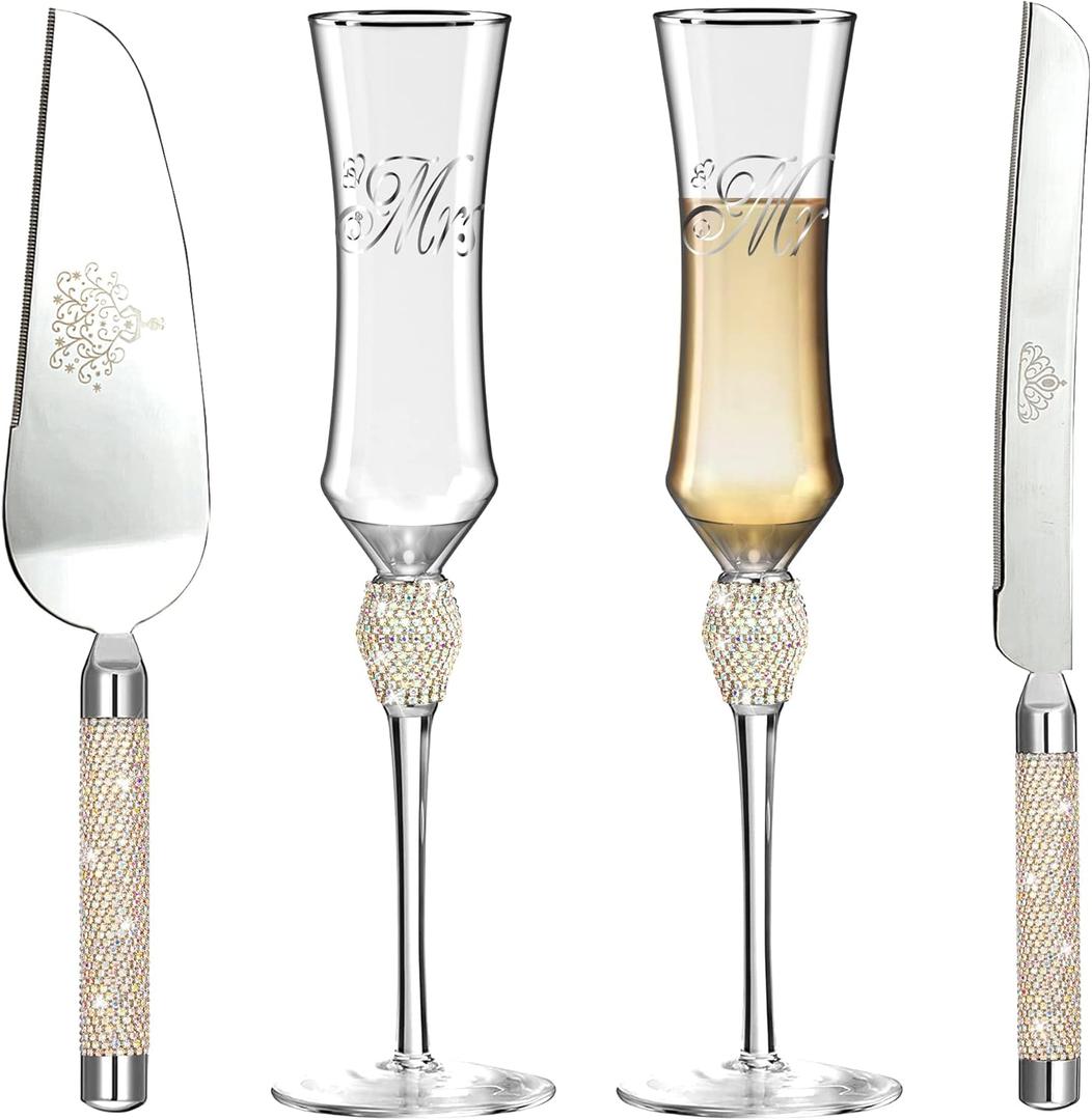 Wedding Cake Knife and Server Set, Mr and Mrs Champagne Flutes Glasses for Bride and Groom Decorated with Colorful Rhinestones, Wedding Gifts for Newly Engaged Couple (Silver)